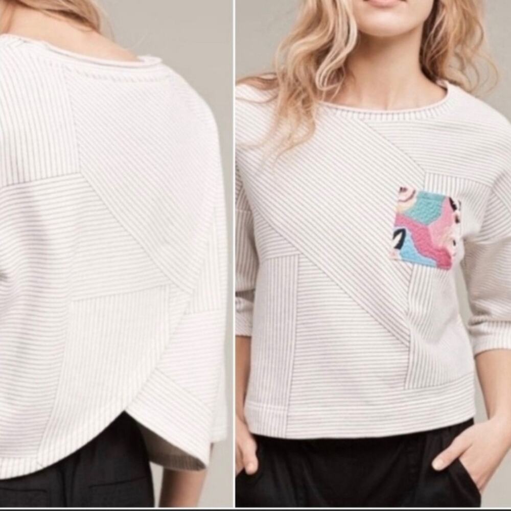Anthropologie Postmark striped crop embroidered pocket top small